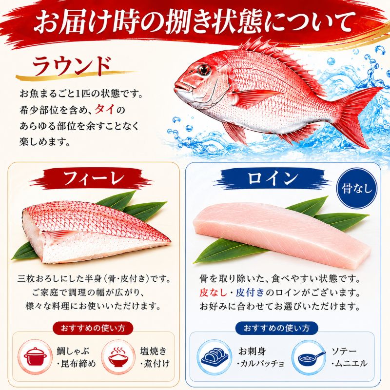 【選べる容量＆加工状態】真鯛未来 皮付きフィーレ・ロイン/皮なしロイン【半身分/1尾分から選択可】